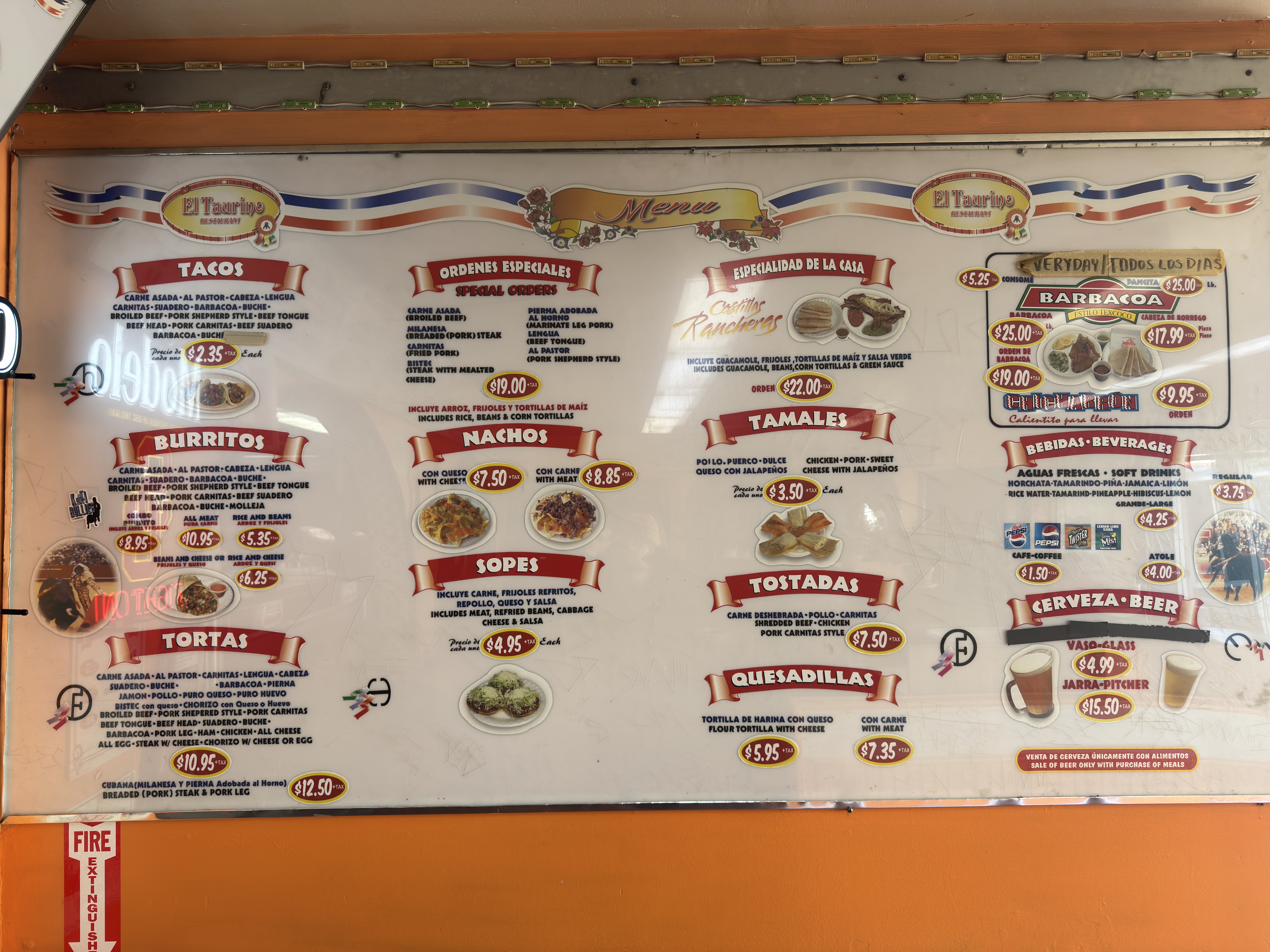 Menu at El Taurino restaurant